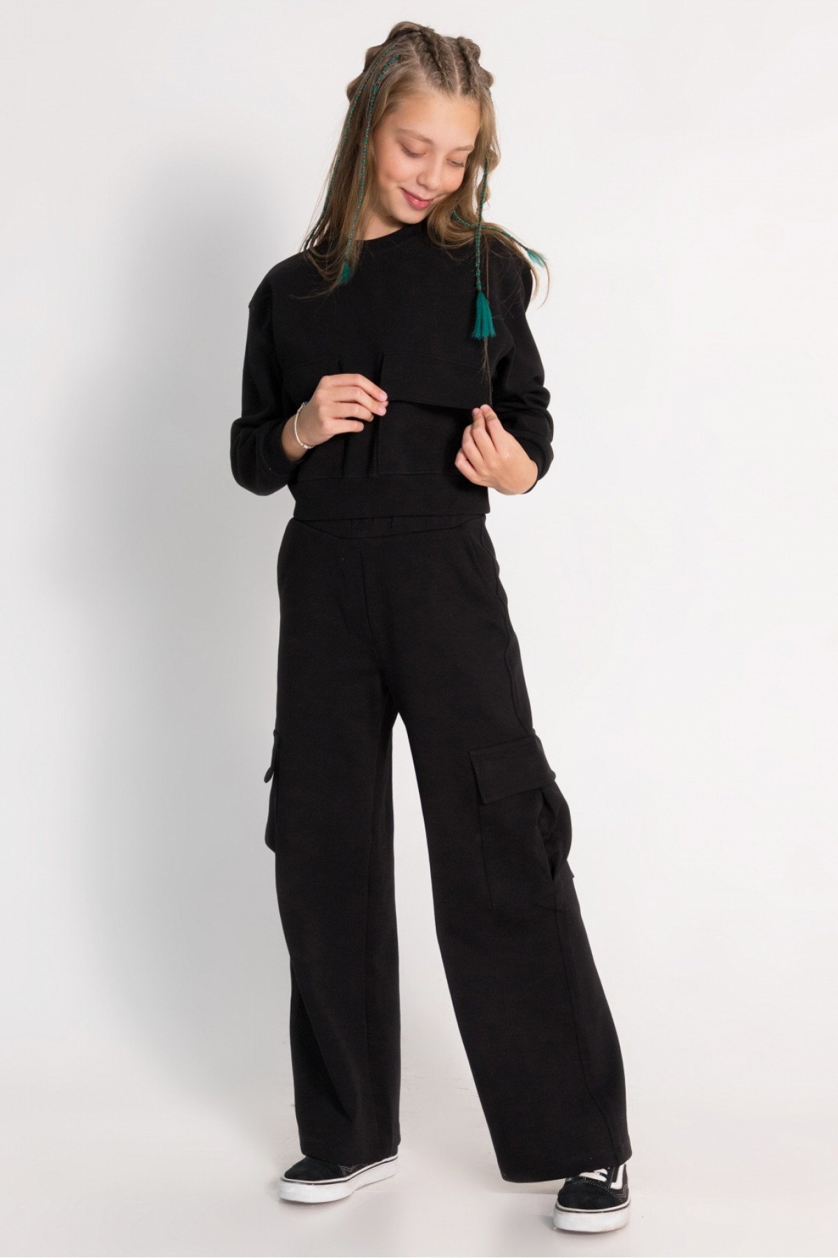 Kız Cepli Crop Sweat 9-14 YAŞ Siyah