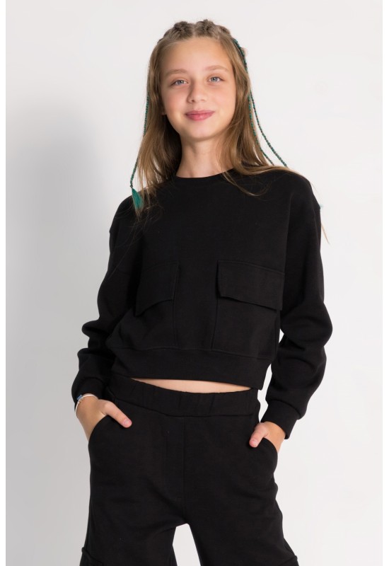 Kız Cepli Crop Sweat 9-14 YAŞ Siyah