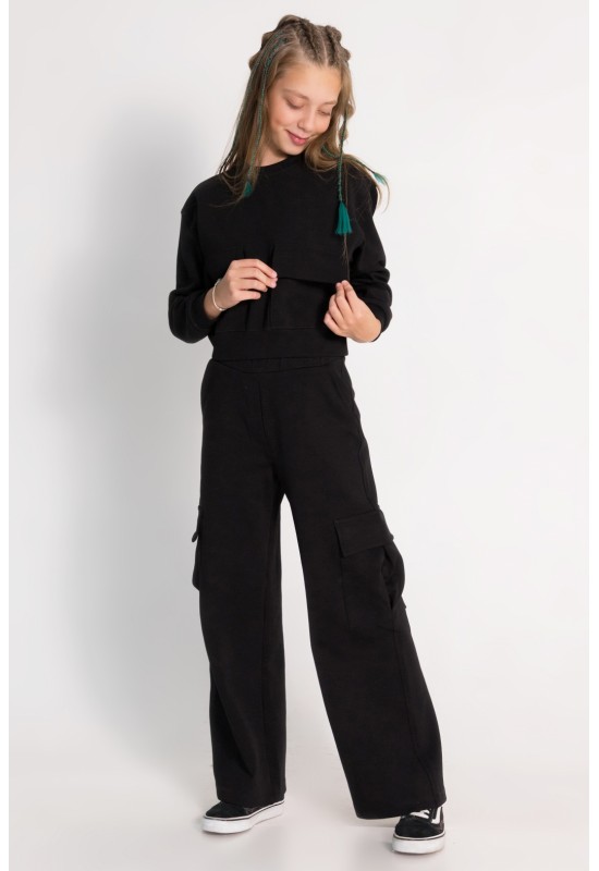 Kız Cepli Crop Sweat 9-14 YAŞ Siyah